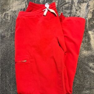 Figs Bright Red Scrub Pants with Grey Drawstring